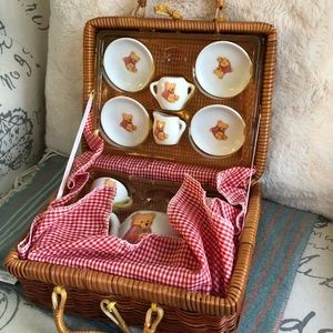 Vintage Tea Set and Wicker Basket